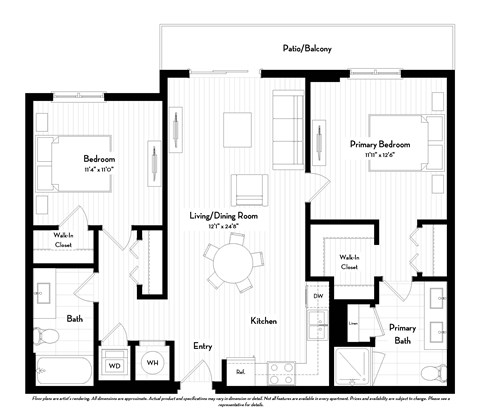 Floor plan for 2 beds, 2 baths, 988 sqft